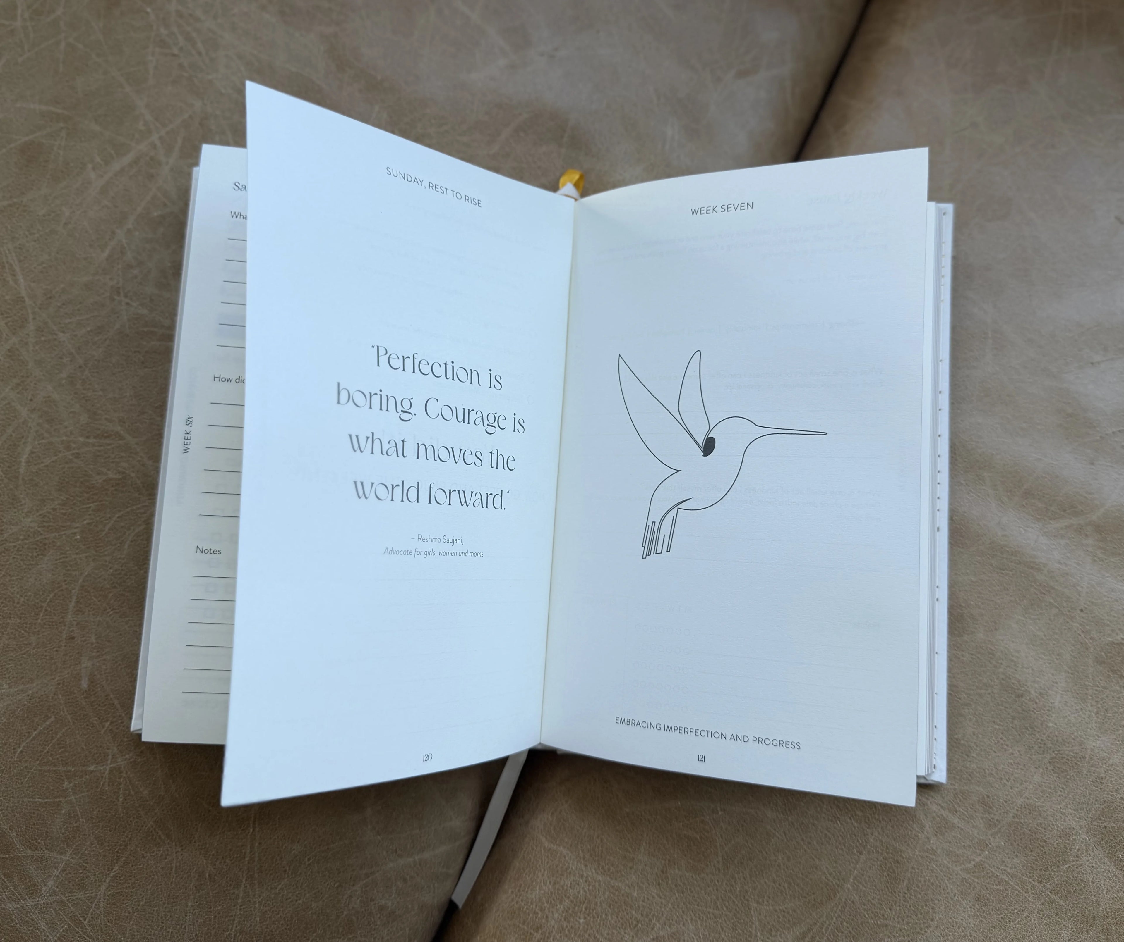 Open .1 Daily Gratitude Journal with a quote from Reshma Saujani and line drawing of a bird representing embracing imperfection and progress